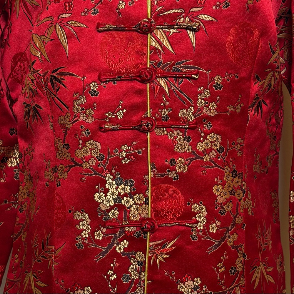 Asian Silk Red Gold Floral Women’s Jacket Blazer Size XXL Frog Button Closure - Picture 4 of 16